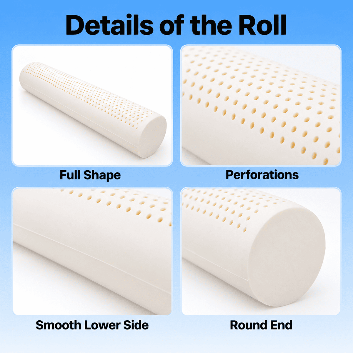 A product detail graphic titled 'Details of the Roll' showing four labeled views of an off-white cylindrical pillow: Full Shape, Perforations, Smooth Lower Side, and Round End. The background is light blue, and the pillow appears in inset photos with close-up callouts of its perforated surface and smooth side.