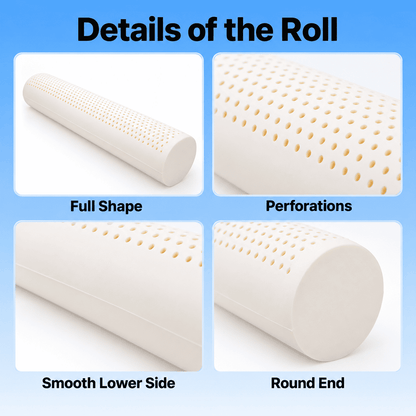 A product detail graphic titled 'Details of the Roll' showing four labeled views of an off-white cylindrical pillow: Full Shape, Perforations, Smooth Lower Side, and Round End. The background is light blue, and the pillow appears in inset photos with close-up callouts of its perforated surface and smooth side.