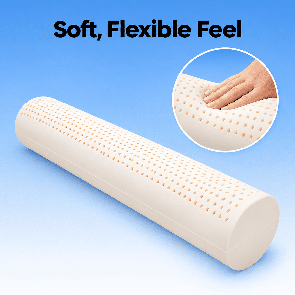 A beige latex pillow shown on a blue gradient background with the text 'Soft, Flexible Feel' and a circular inset showing a hand pressing into the pillow to demonstrate its soft, flexible texture.