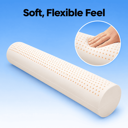 A beige latex pillow shown on a blue gradient background with the text 'Soft, Flexible Feel' and a circular inset showing a hand pressing into the pillow to demonstrate its soft, flexible texture.