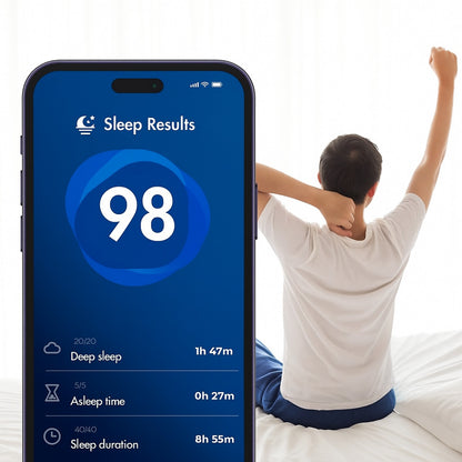 Byeache latex pillow with smartphone sleep results app showing 98 score