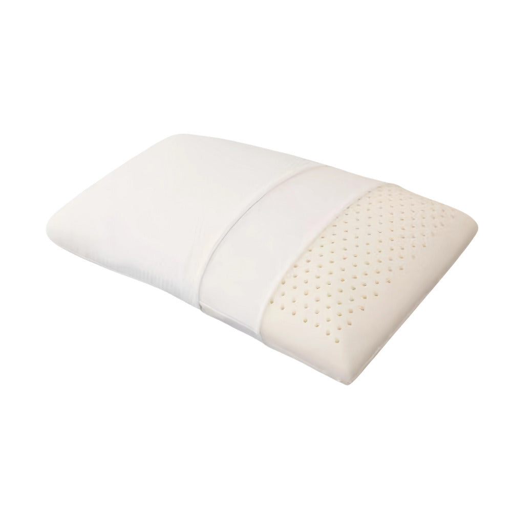 Byeache™ white latex pillow with perforated foam section and fabric bands