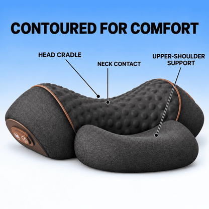 A dark gray contoured massage pillow with brown trim, featuring labeled callouts for head cradle, neck contact, and upper-shoulder support against a blue-to-white gradient background.