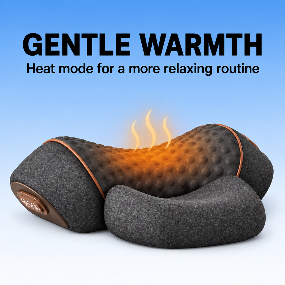 A dark gray massage pillow with a glowing orange heat effect in the center and the text 'GENTLE WARMTH Heat mode for a more relaxing routine' on a blue gradient background.