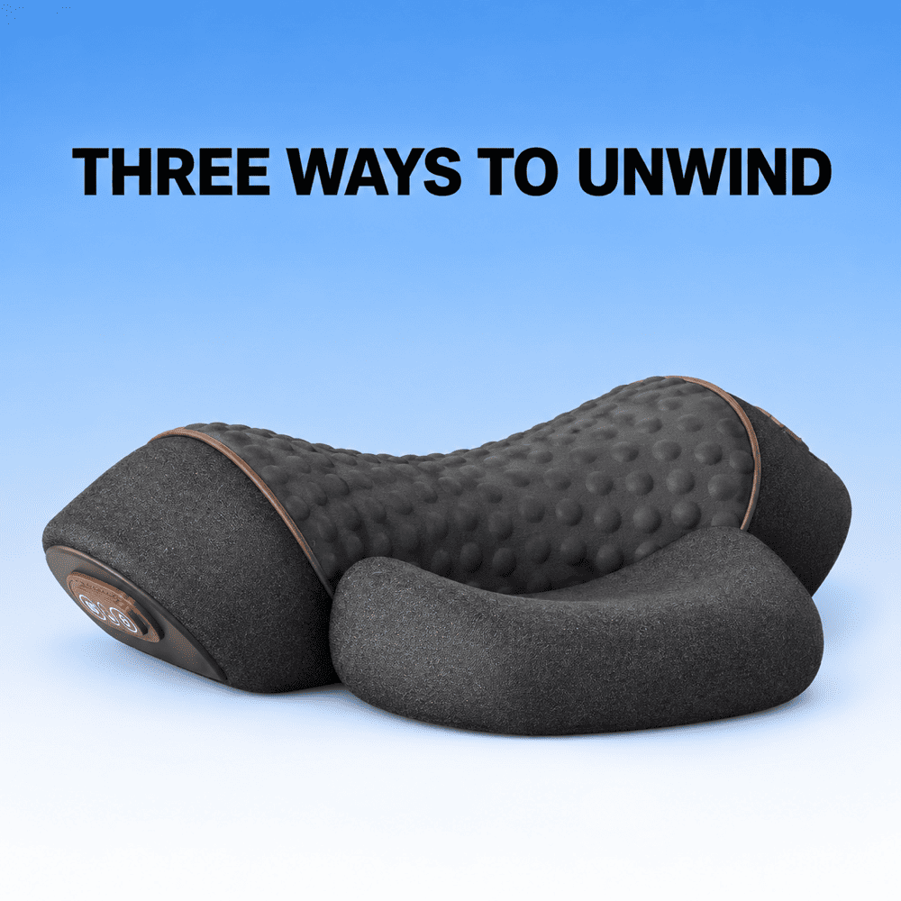 A dark gray massage pillow with a textured bubble backrest and contoured headrest, shown against a blue gradient background with the text 'THREE WAYS TO UNWIND' at the top.
