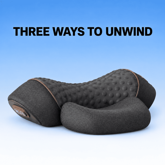 A dark gray massage pillow with a textured bubble backrest and contoured headrest, shown against a blue gradient background with the text 'THREE WAYS TO UNWIND' at the top.