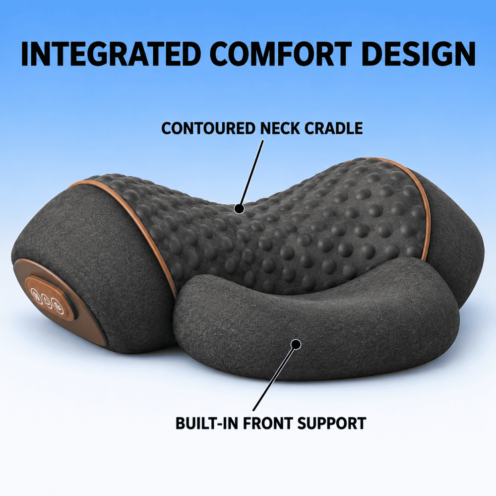 An ergonomic neck and shoulder support pillow with dark gray textured fabric and tan trim, shown with callout lines and text highlighting its contoured neck cradle and built-in front support features.