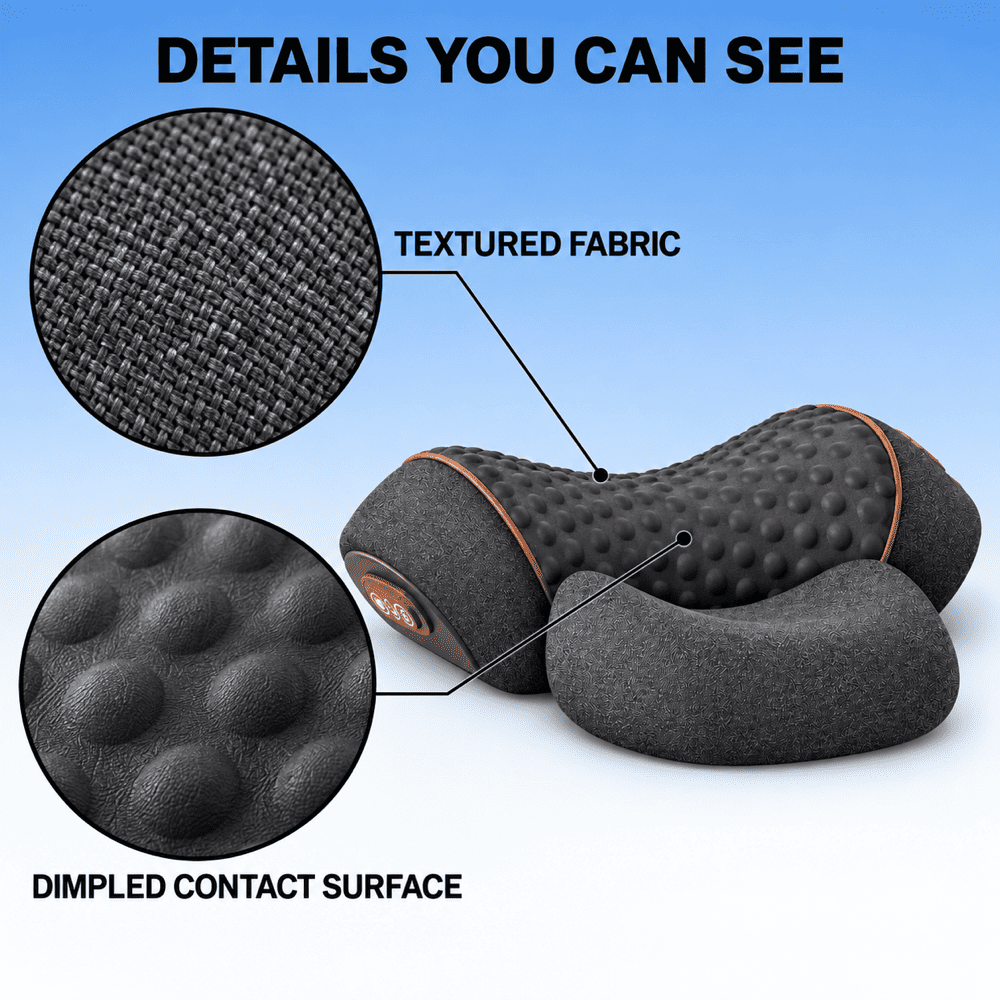 Dark gray contoured massage pillow with orange trim, shown on a blue gradient background with two circular detail callouts labeled 'TEXTURED FABRIC' and 'DIMPLED CONTACT SURFACE'.