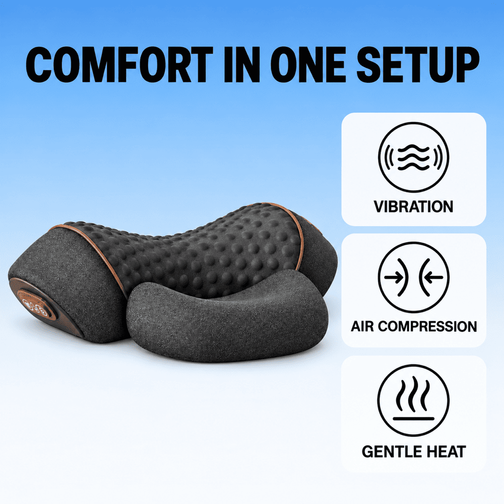 A dark gray neck and shoulder support pillow with a textured massage surface and a small brown control button, shown on a blue gradient background with text and icons highlighting vibration, air compression, and gentle heat.