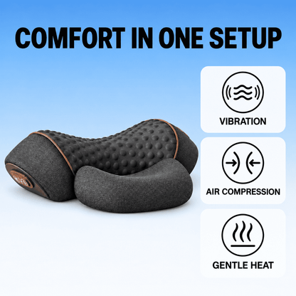 A dark gray neck and shoulder support pillow with a textured massage surface and a small brown control button, shown on a blue gradient background with text and icons highlighting vibration, air compression, and gentle heat.