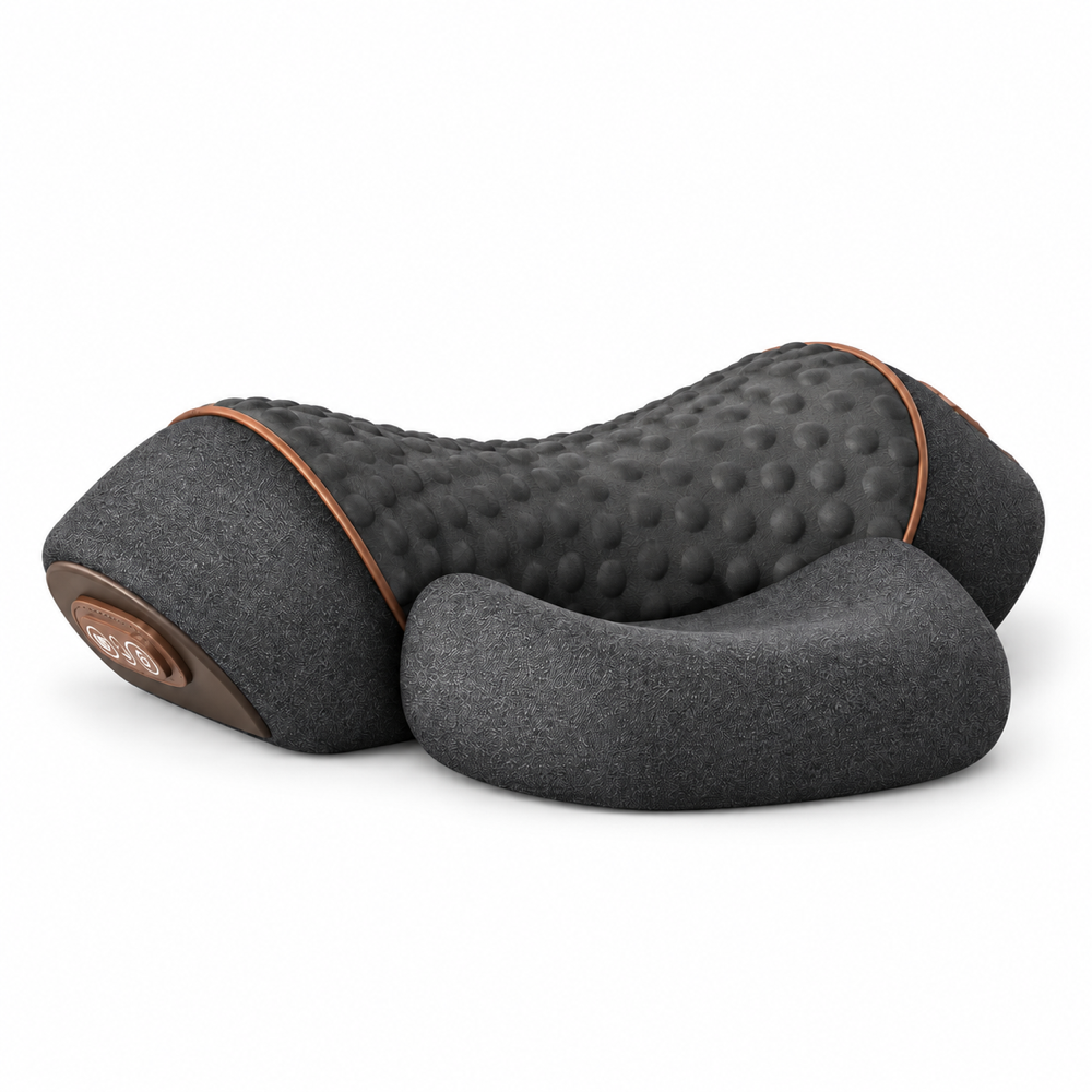 A dark gray massage pillow with a textured, dimpled surface and smooth fabric sides, featuring a small circular control button on one end and thin brown piping details, shown on a white background.
