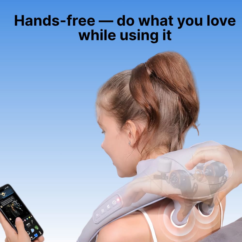 Woman using a neck and shoulder massager with text 'Hands-free — do what you love while using it' on a blue background