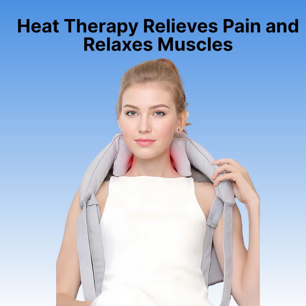 Woman using a neck and shoulder massager with text about heat therapy on a blue background