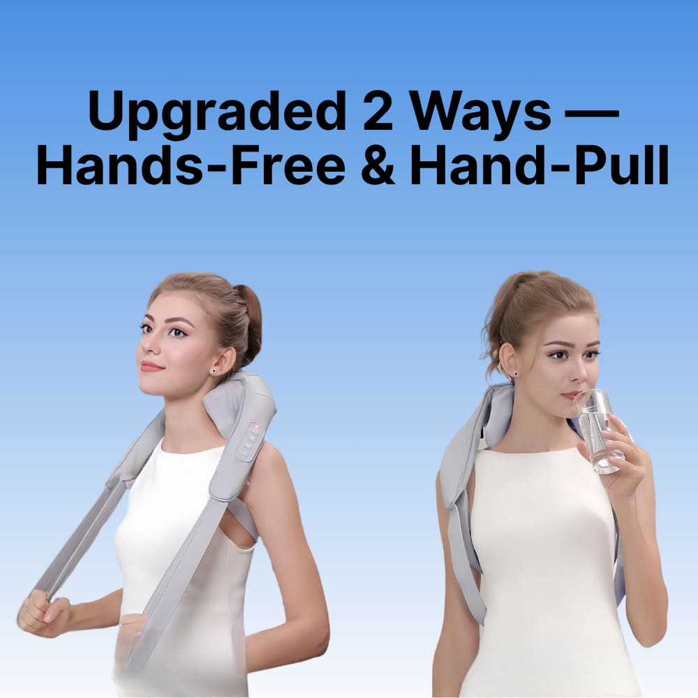Woman using a shoulder device with text 'Upgraded 2 Ways - Hands-Free & Hand-Pull' on a blue background