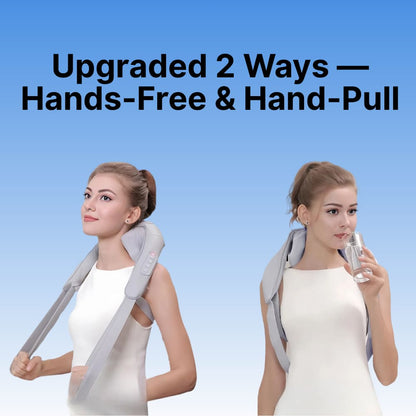 Woman using a shoulder device with text 'Upgraded 2 Ways - Hands-Free & Hand-Pull' on a blue background