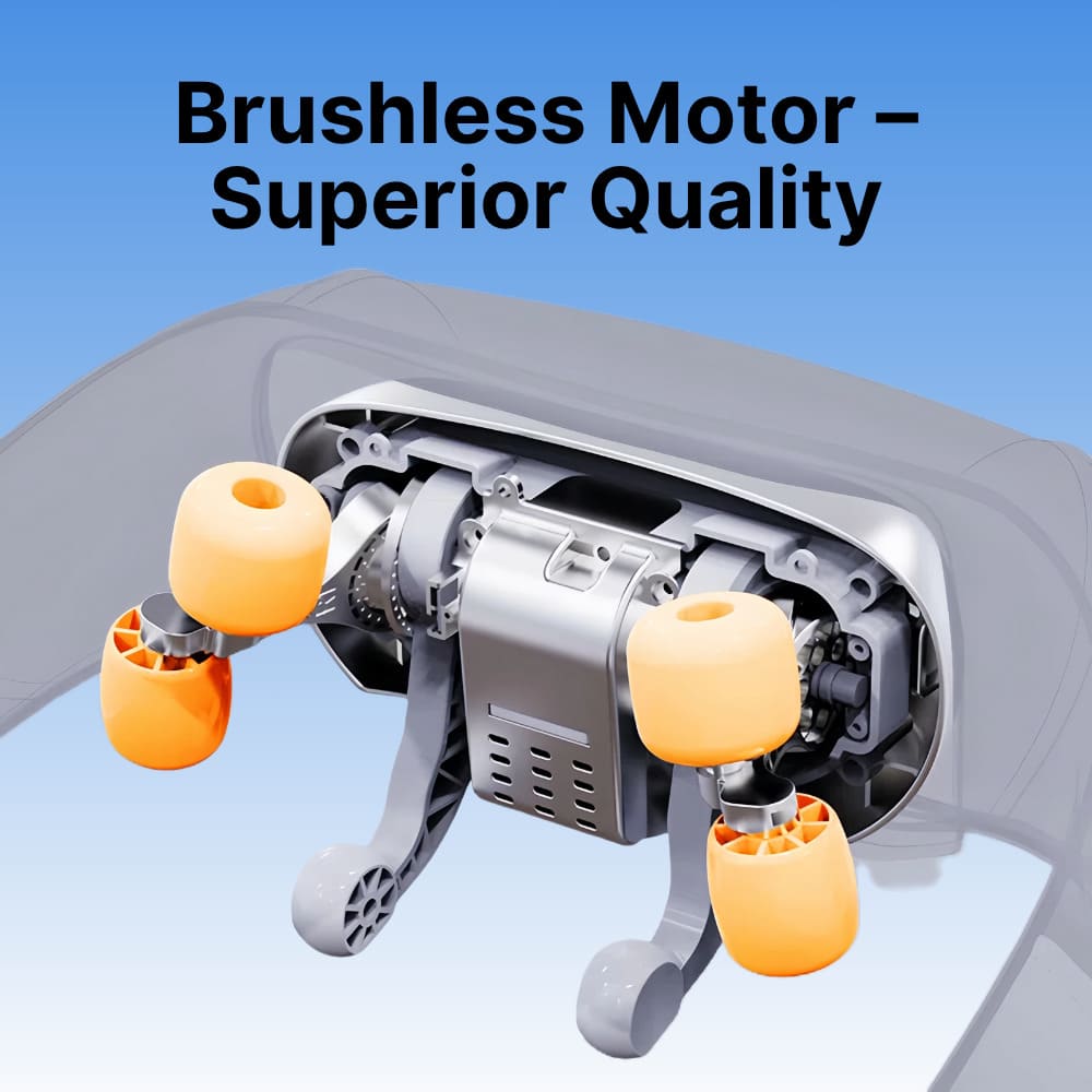 Brushless motor with yellow bearings on a clear background, labeled 'Superior Quality'.
