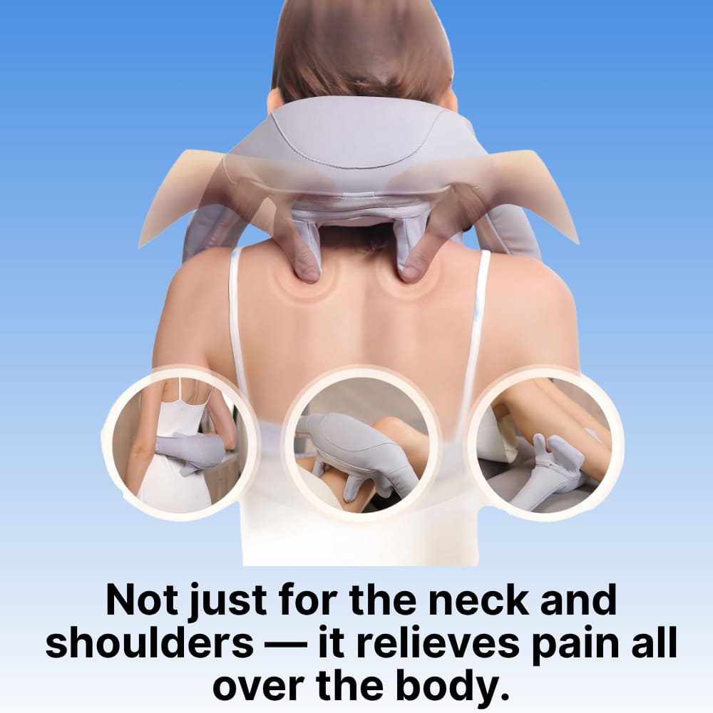 Person using a neck and shoulder massager with text highlighting its benefits.