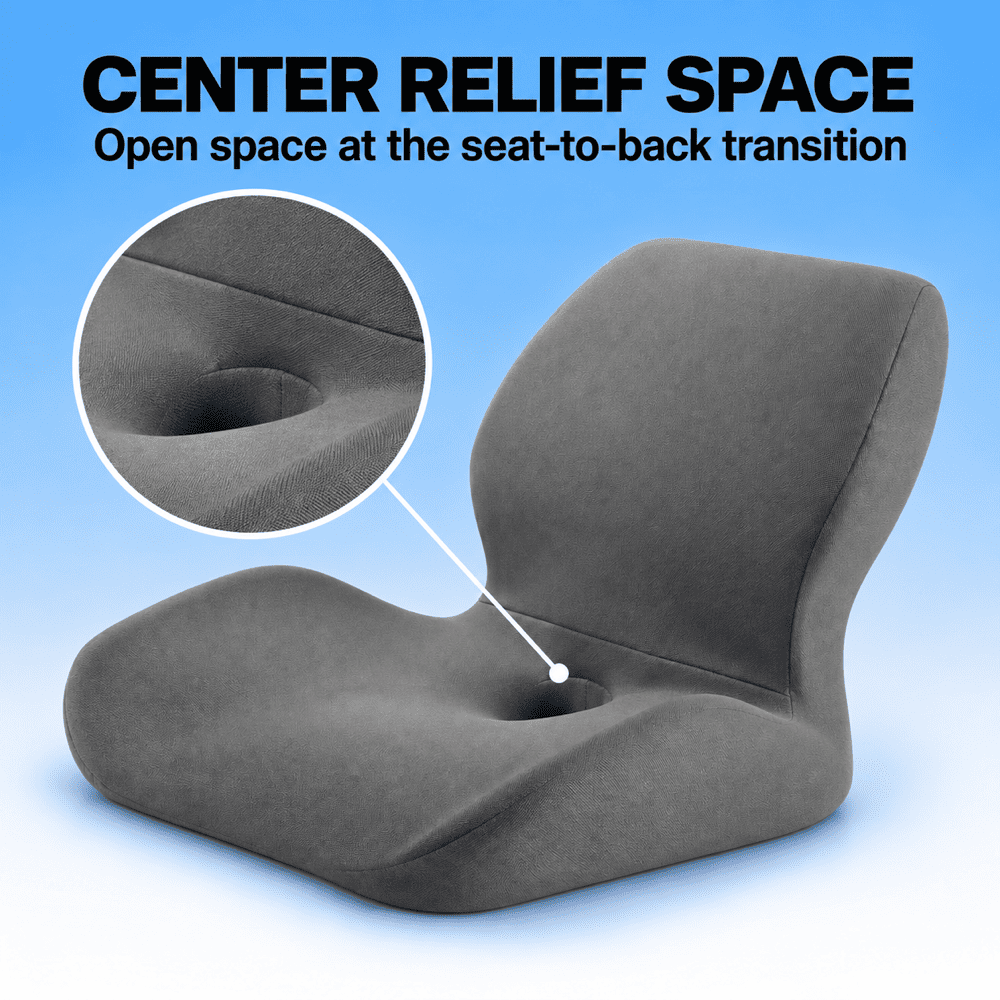 Gray integrated seat and back cushion with a magnified view of the central opening at the seat-to-back transition