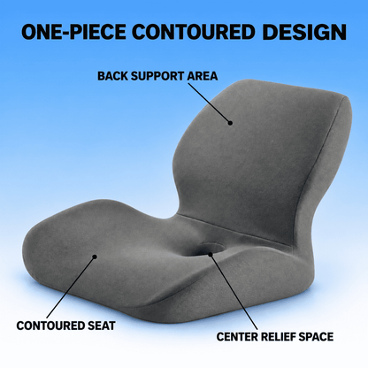 A gray contoured floor chair with labeled callouts reading 'ONE-PIECE CONTOURED DESIGN,' 'BACK SUPPORT AREA,' 'CONTOURED SEAT,' and 'CENTER RELIEF SPACE' on a blue gradient background.