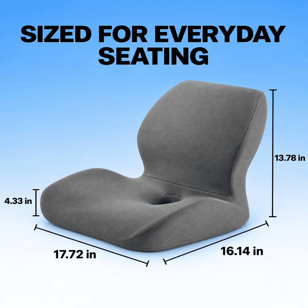 A gray upholstered seat cushion shown on a blue gradient background with large text reading 'SIZED FOR EVERYDAY SEATING' and dimension callouts indicating 17.72 in width, 16.