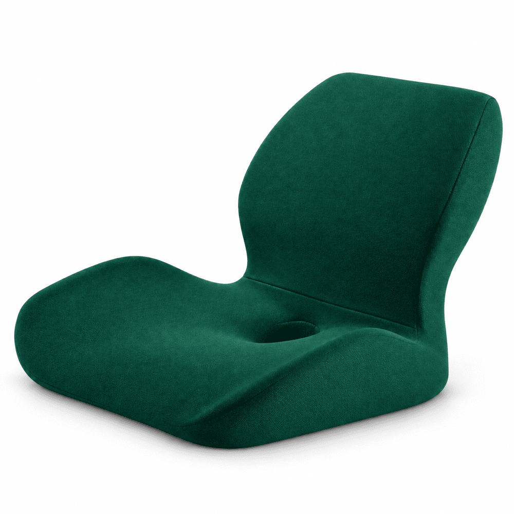 A dark green contoured lumbar support chair with a central footrest cutout, shown on a solid white background.