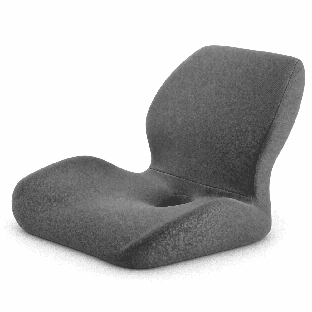 A modern gray molded chair with a curved backrest and a central circular cutout, shown on a plain white background.