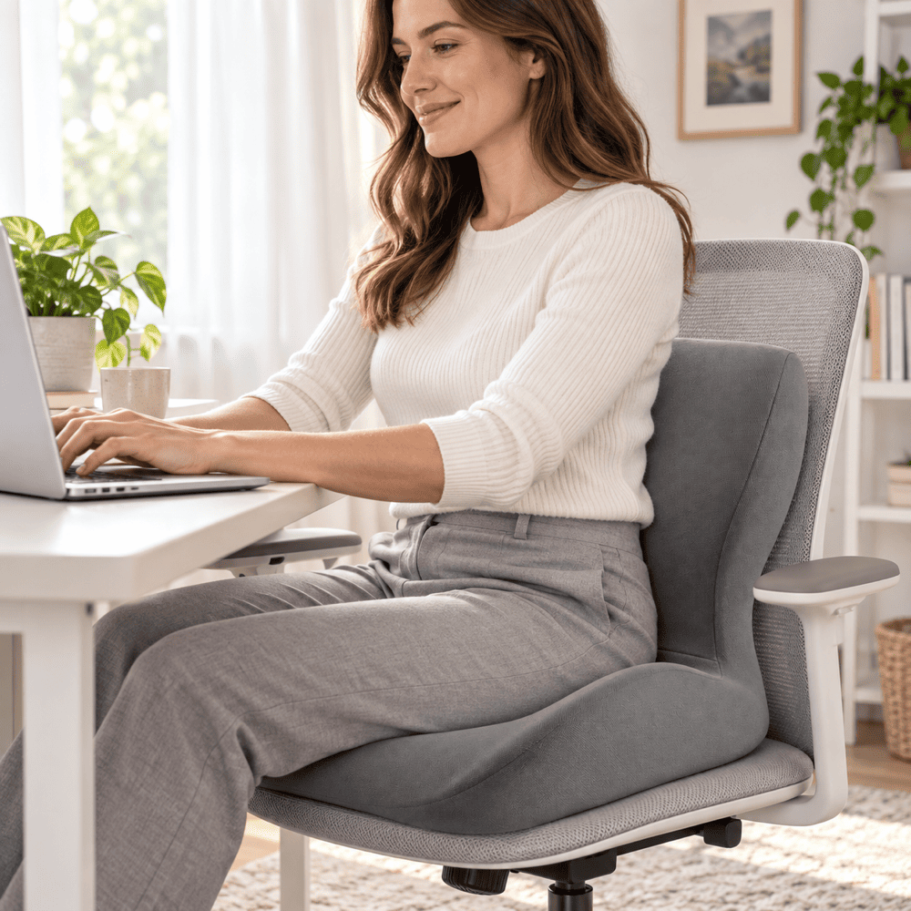 A woman sits in a gray ergonomic office chair with a lumbar support cushion, working at a white desk with a laptop in a bright, modern home office.