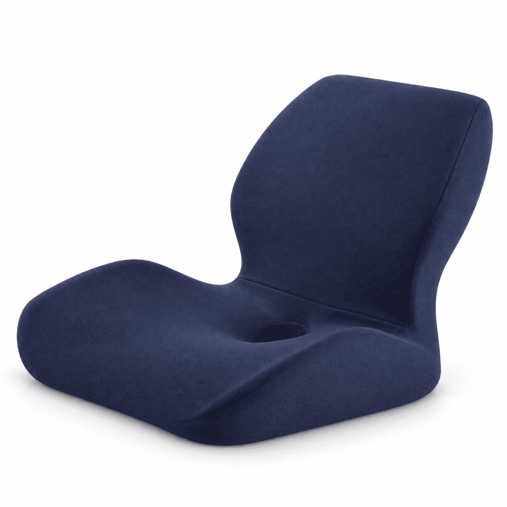 Navy integrated seat and back cushion with a contoured seat and central opening on a white background