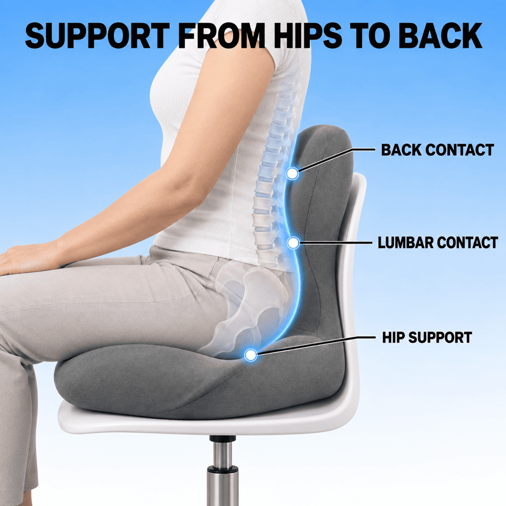 A person seated on a gray ergonomic chair with overlaid labels showing back contact, lumbar contact, and hip support, under the headline 'SUPPORT FROM HIPS TO BACK' on a blue gradient background.