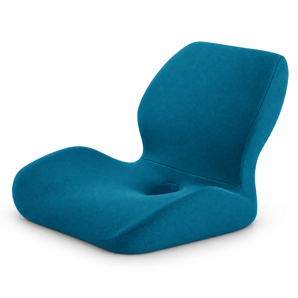 A modern ergonomic floor chair with a curved backrest and seat, upholstered in a textured teal blue fabric, shown on a plain white background.