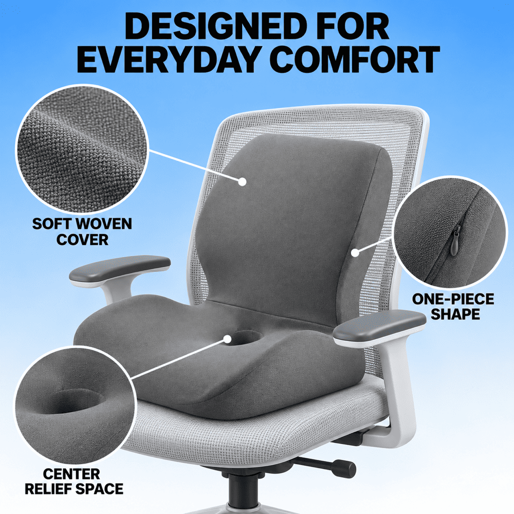 A gray ergonomic office chair cushion set shown on a light gray mesh office chair against a blue gradient background, with callout circles and text highlighting a soft woven cover, one-piece shape, and center relief space.