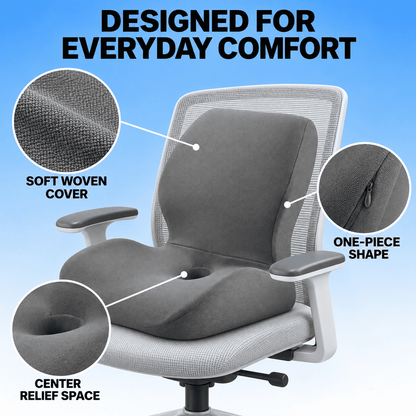 A gray ergonomic office chair cushion set shown on a light gray mesh office chair against a blue gradient background, with callout circles and text highlighting a soft woven cover, one-piece shape, and center relief space.