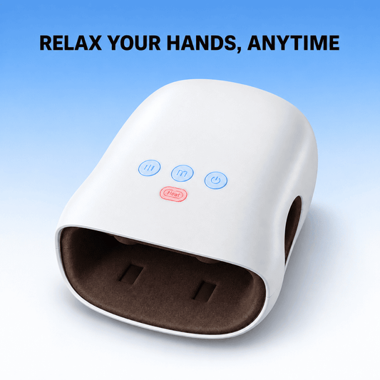 A white handheld massage device with a brown interior, shown on a blue-to-white gradient background with the text 'RELAX YOUR HANDS, ANYTIME' at the top. The device has three blue control buttons and a red 'Chop' button on the front.