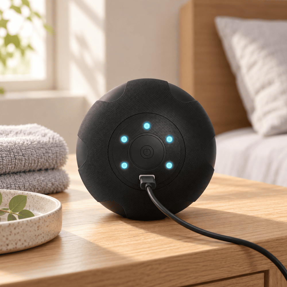 A black spherical smart speaker device with glowing blue indicator lights sits on a wooden bedside table in a softly lit bedroom. A power cord is plugged in, with folded towels and a bed visible in the background.