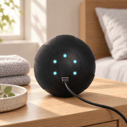 A black spherical smart speaker device with glowing blue indicator lights sits on a wooden bedside table in a softly lit bedroom. A power cord is plugged in, with folded towels and a bed visible in the background.