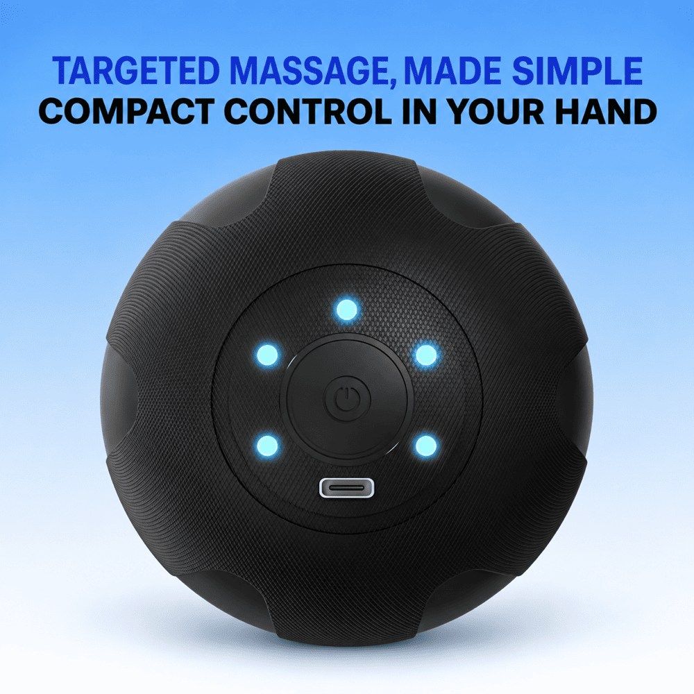 A black spherical electronic massager with a textured outer shell, glowing blue LED lights, and a USB-C charging port on the front, set against a blue gradient background with promotional text.