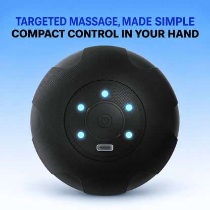 A black spherical electronic massager with a textured outer shell, glowing blue LED lights, and a USB-C charging port on the front, set against a blue gradient background with promotional text.