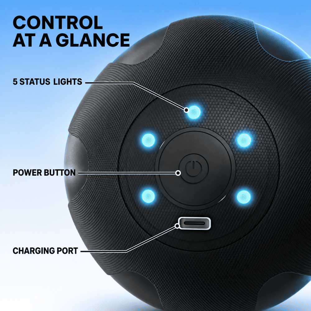 Close-up of a black spherical portable speaker with labeled callouts for status lights, power button, and charging port on a blue gradient background.