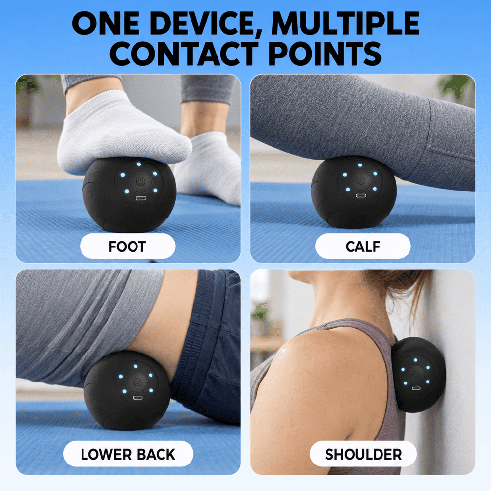 A four-panel promotional graphic showing a black round massage device with blue LED lights being used on a foot, calf, lower back, and shoulder. Large text at the top reads 'ONE DEVICE, MULTIPLE CONTACT POINTS' and labels each panel with 'FOOT', 'CALF', 'LOWER BACK', and 'SHOULDER'.