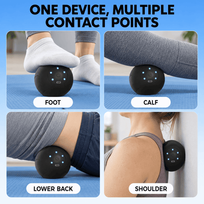 A four-panel promotional graphic showing a black round massage device with blue LED lights being used on a foot, calf, lower back, and shoulder. Large text at the top reads 'ONE DEVICE, MULTIPLE CONTACT POINTS' and labels each panel with 'FOOT', 'CALF', 'LOWER BACK', and 'SHOULDER'.