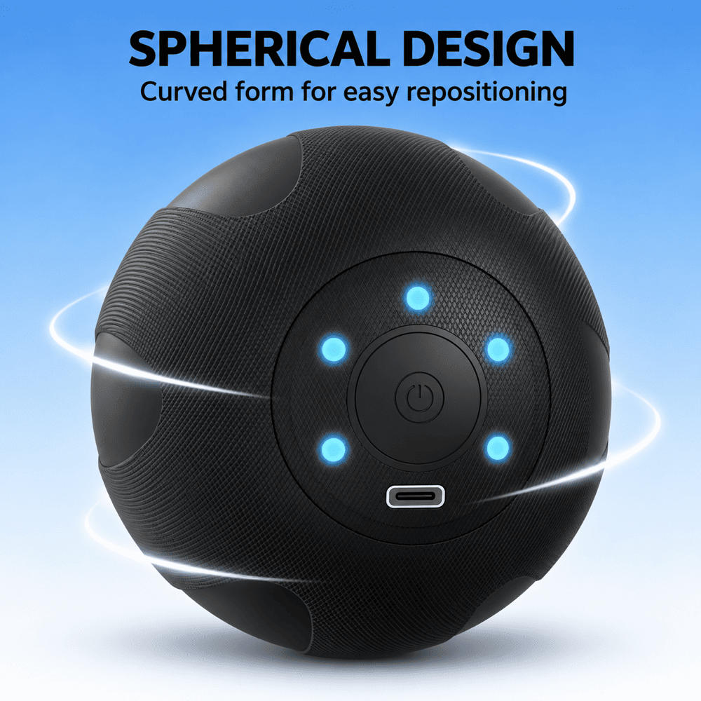 A black spherical portable speaker with a textured exterior, a central power button, and four glowing blue LED indicator lights. The image features text reading 'SPHERICAL DESIGN' and 'Curved form for easy repositioning' on a blue gradient background with white motion lines.