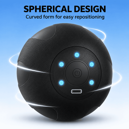 A black spherical portable speaker with a textured exterior, a central power button, and four glowing blue LED indicator lights. The image features text reading 'SPHERICAL DESIGN' and 'Curved form for easy repositioning' on a blue gradient background with white motion lines.