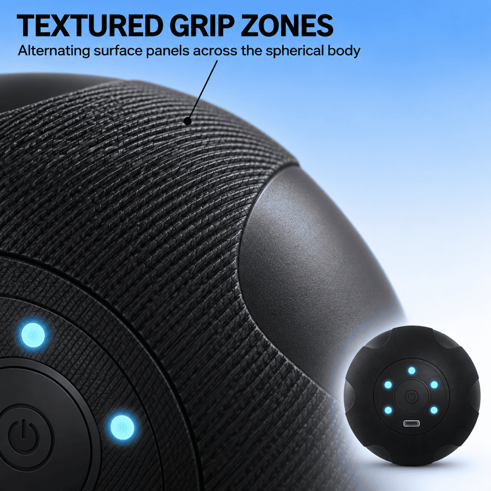 Close-up of a black spherical device with textured grip zones, blue illuminated buttons, and overlaid text reading 'TEXTURED GRIP ZONES' with a small inset of the device on a blue gradient background.