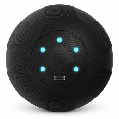 A round black portable speaker with a textured surface, featuring five glowing blue LED indicator lights and a USB-C port on the front, set against a plain white background.