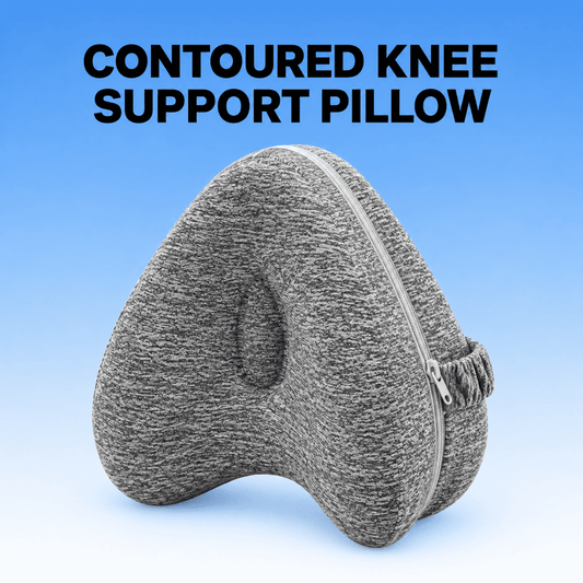Gray contoured knee support pillow with textured fabric, a side zipper and an attached leg strap on a blue background