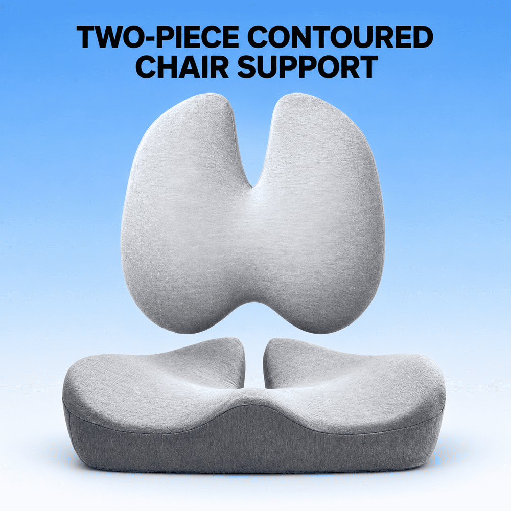 Two-piece contoured chair support in light gray fabric, shown as a floating upper support piece above a matching lower seat cushion on a blue gradient background with the text 'TWO-PIECE CONTOURED CHAIR SUPPORT'.