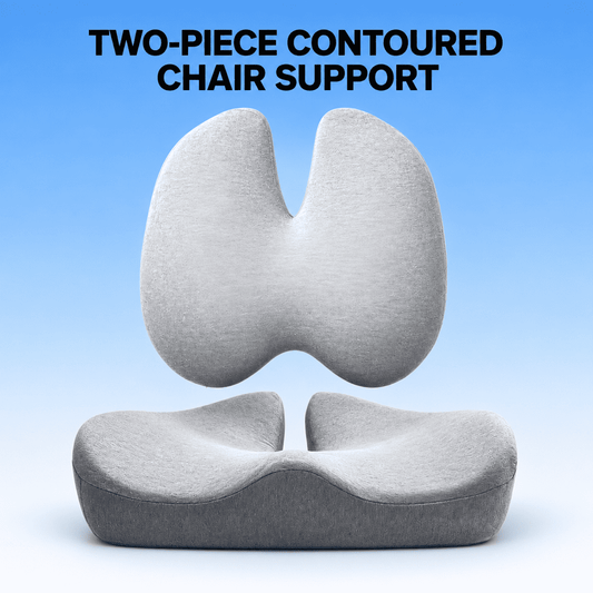 Two-piece contoured chair support in light gray fabric, shown as a floating upper support piece above a matching lower seat cushion on a blue gradient background with the text 'TWO-PIECE CONTOURED CHAIR SUPPORT'.