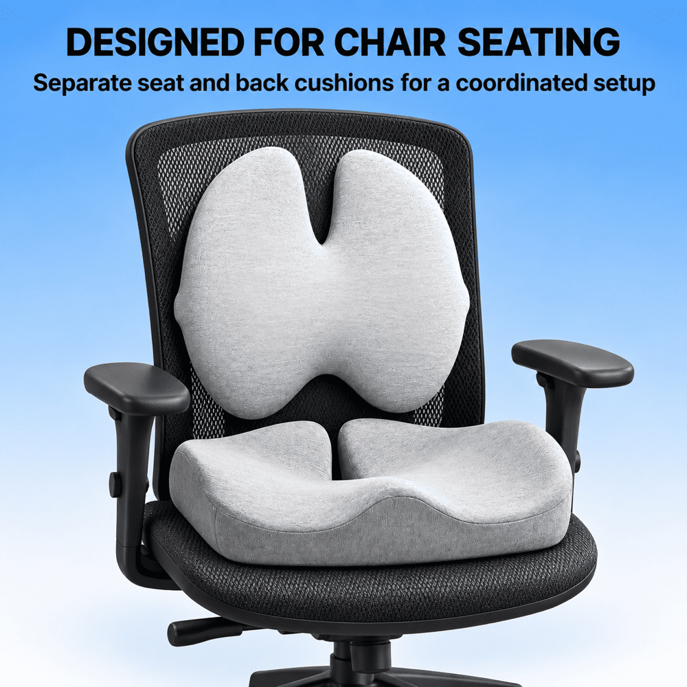 A black mesh office chair with two light gray ergonomic cushions, one shaped like a butterfly on the backrest and one contoured seat cushion, shown against a blue gradient background with text reading 'DESIGNED FOR CHAIR SEATING'.