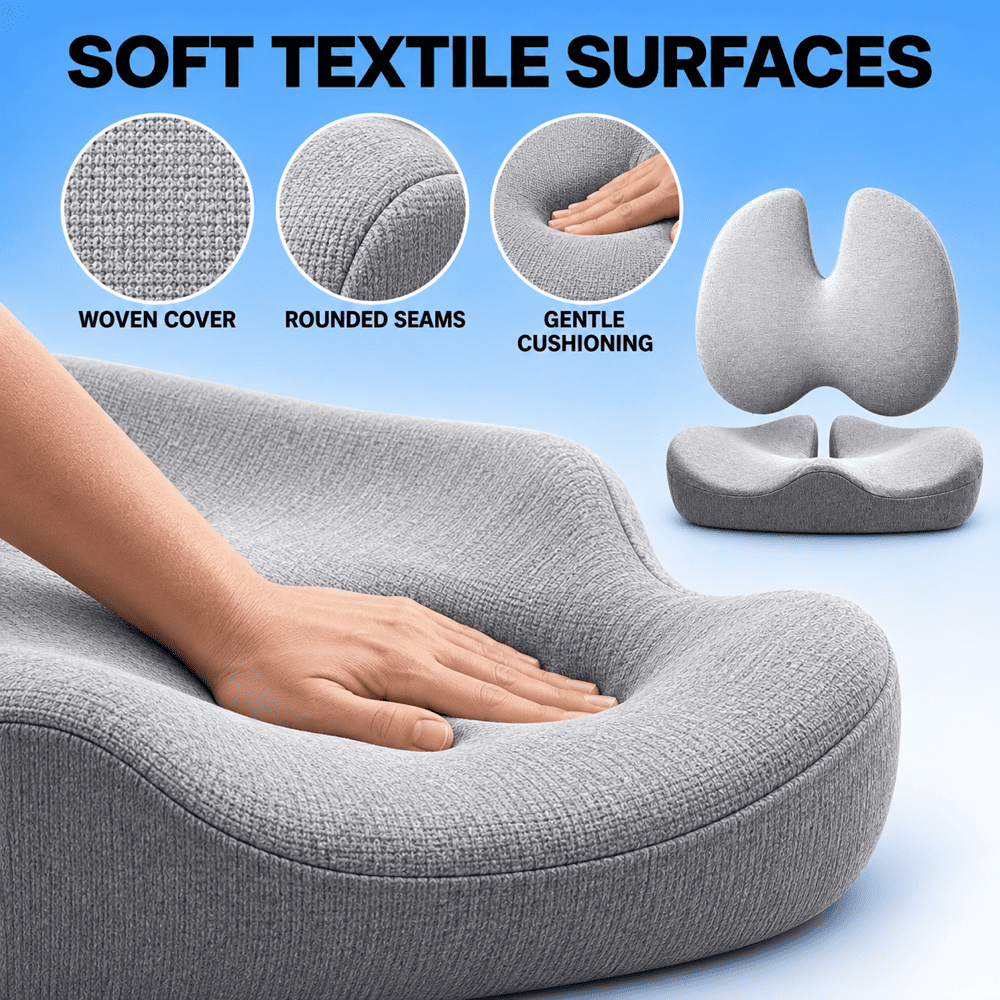 A gray contoured support pillow shown with a hand pressing into it, with feature callouts including 'SOFT TEXTILE SURFACES,' 'WOVEN COVER,' 'ROUNDED SEAMS,' and 'GENTLE CUSHIONING.'.