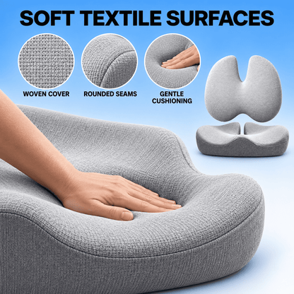 A gray contoured support pillow shown with a hand pressing into it, with feature callouts including 'SOFT TEXTILE SURFACES,' 'WOVEN COVER,' 'ROUNDED SEAMS,' and 'GENTLE CUSHIONING.'.